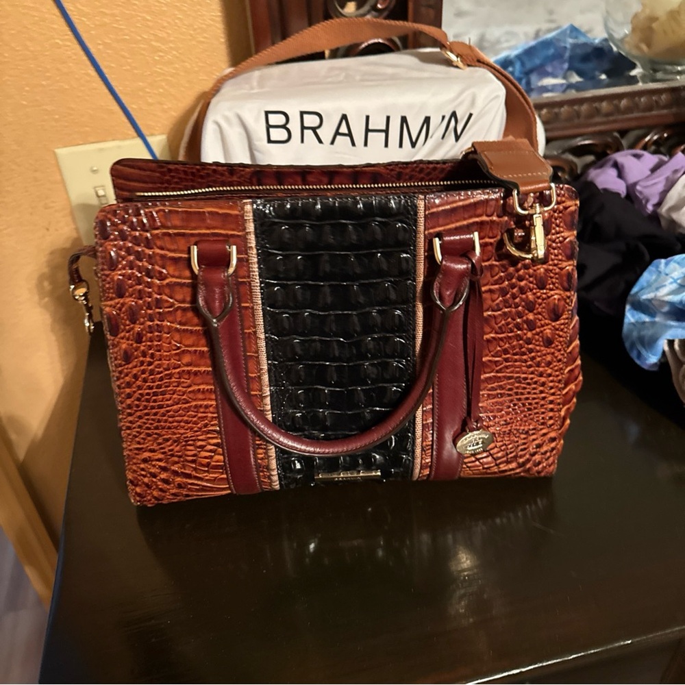 Brahmin Tan and Black Croc-Embossed Satchel